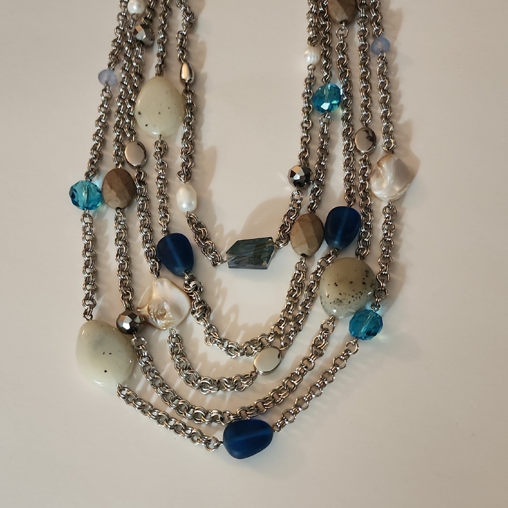 Aimee Elegant Multi-Chain Necklace with Blue and Silver Accents 18-21"
